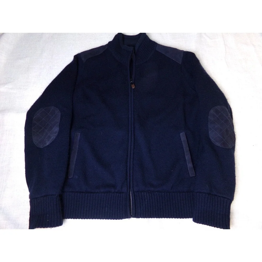 Orvis Navy Blue Merino Wool Full Zip Lined Sweater w/ Suede Accents Men's Size M